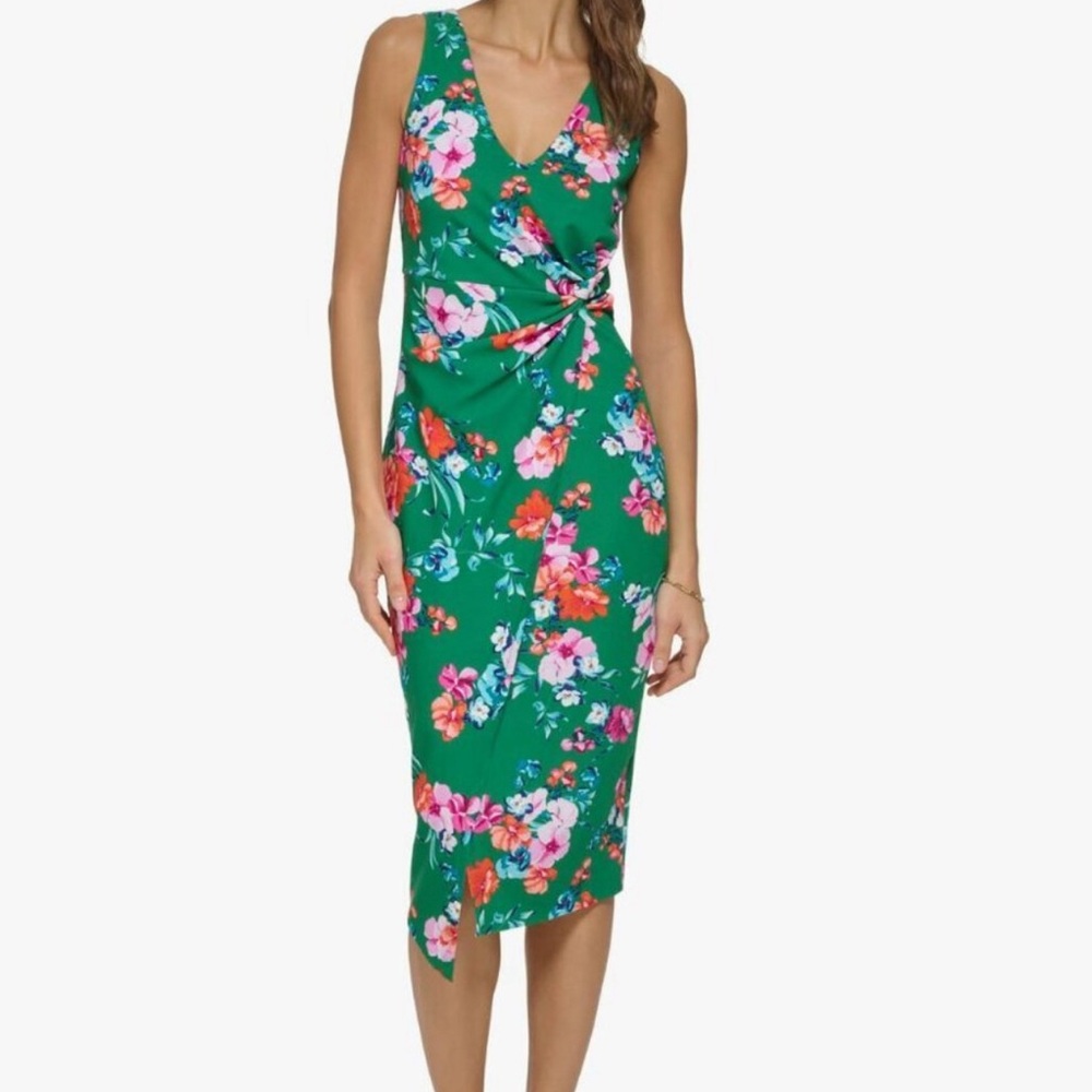 GUESS Sz. 10 Green Floral Palm Printed Waist Wrap Midi Dress